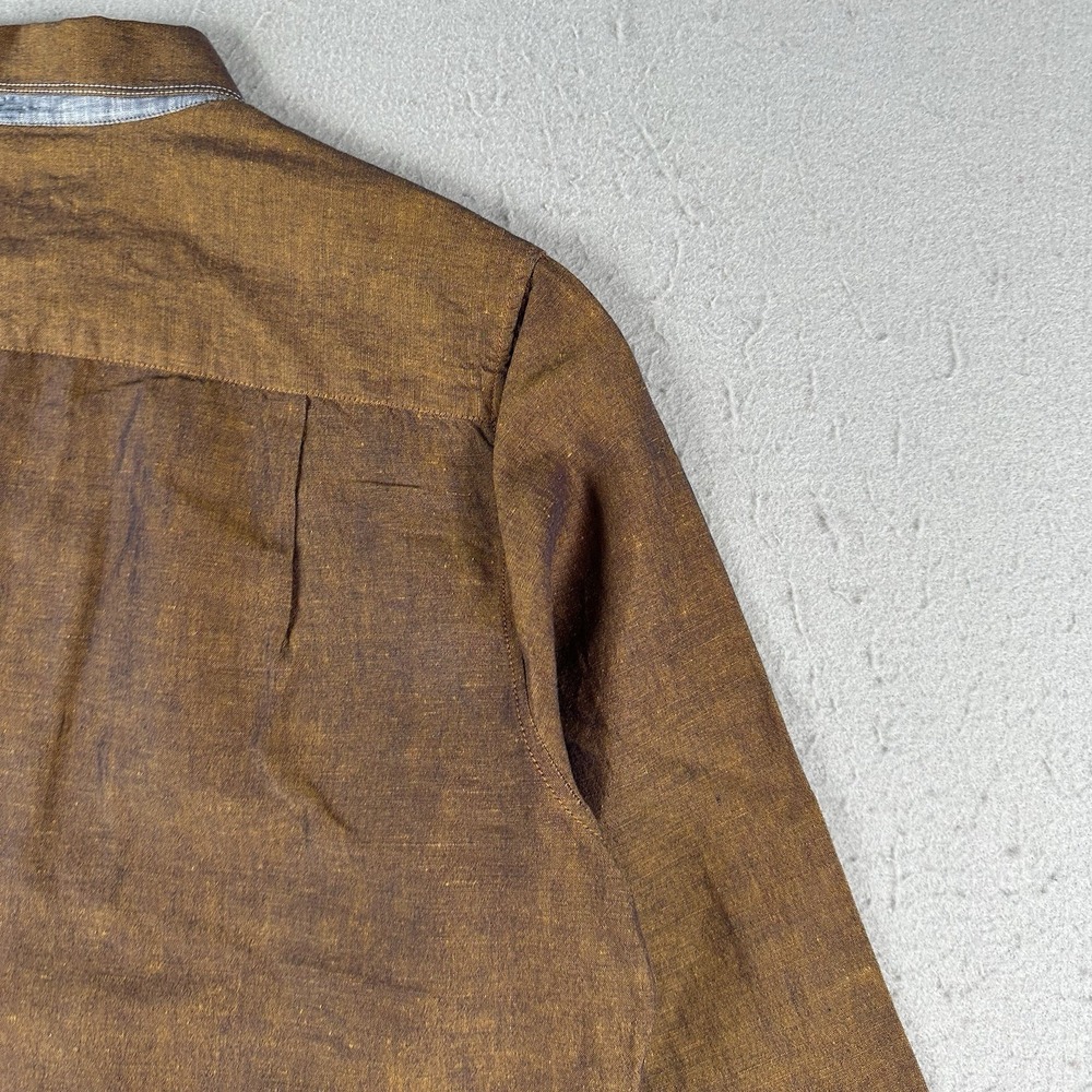 32 Bar Blue Button Up Shirt Men's Medium Metallic Copper Bronze Cotton Linen - Picture 13 of 16